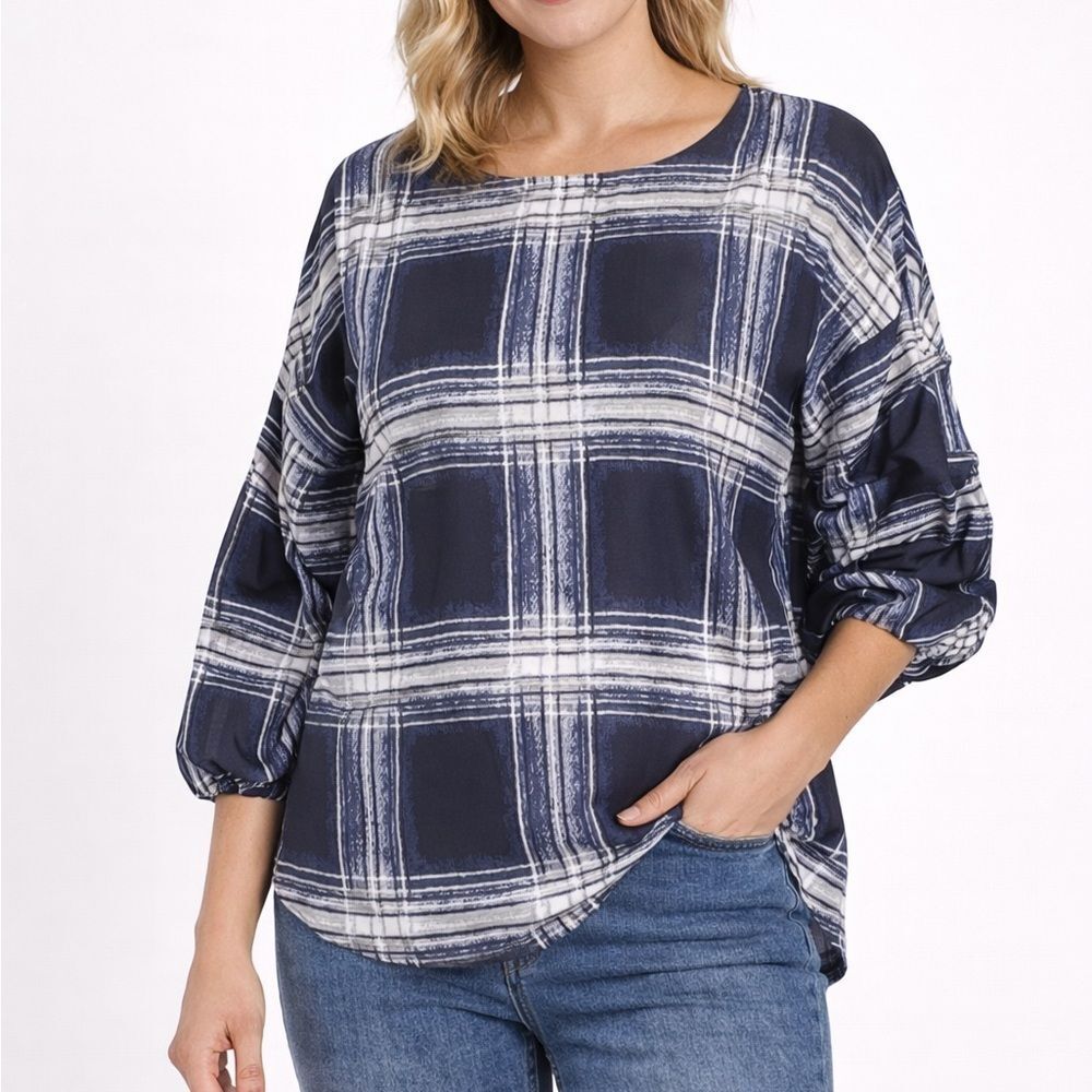 2/$20 Maggie & Max Blue Plaid Puff Sleeve Top